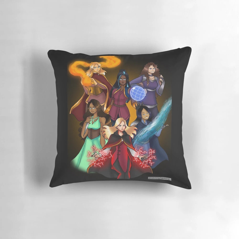 Pillow featuring a group portrait of the main characters from the Keeper of the Lost Cities book series.