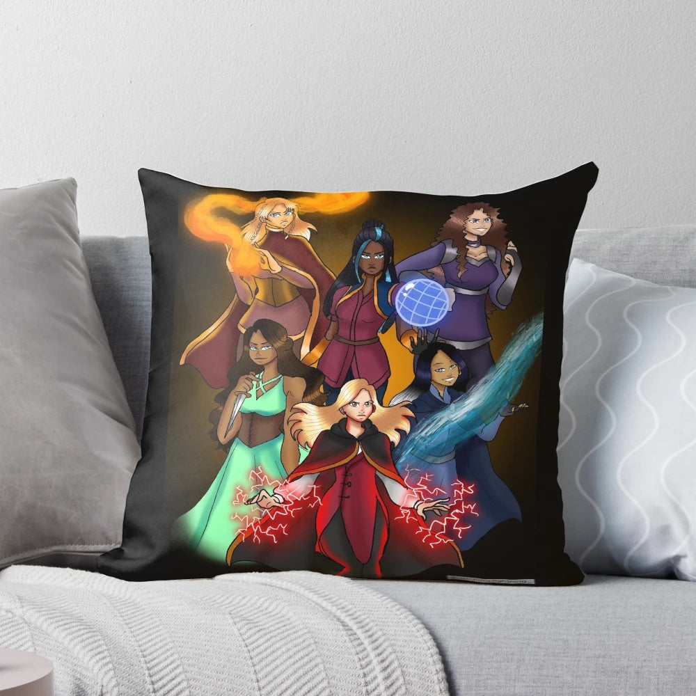 Pillow featuring a group portrait of the main characters from the Keeper of the Lost Cities book series.