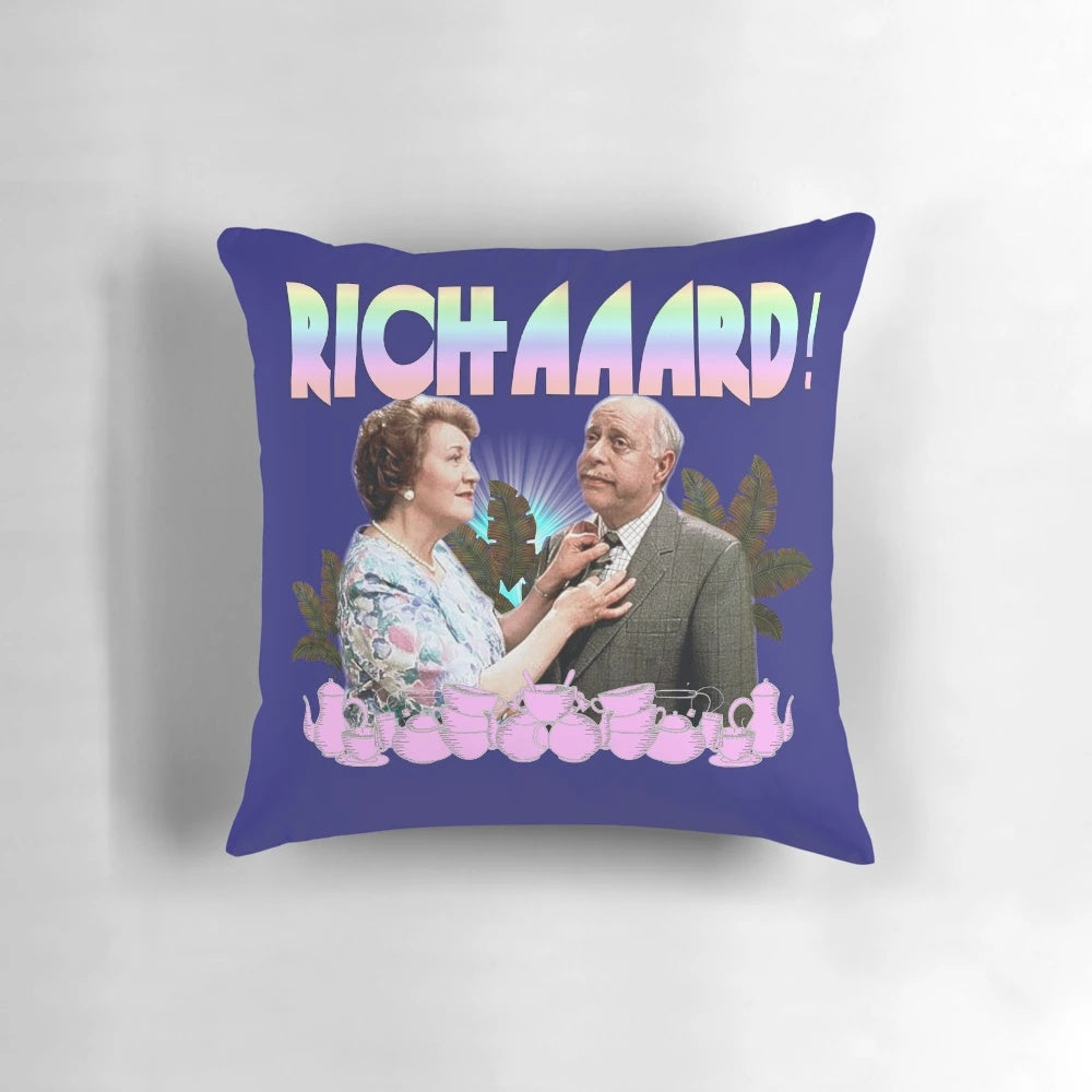 Decorative throw pillow featuring the iconic character Hyacinth Bucket from the beloved British sitcom "Keeping Up Appearances