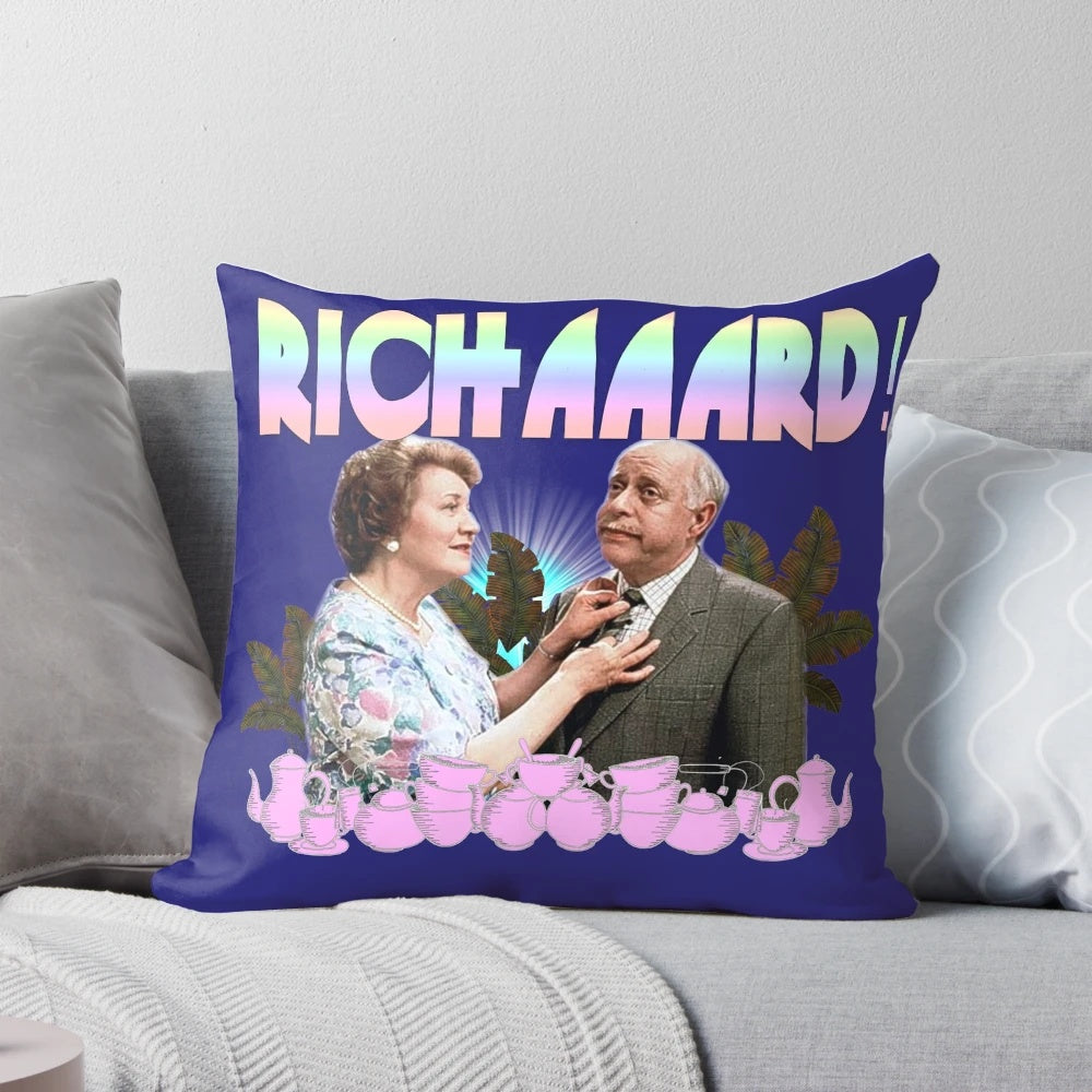 Decorative throw pillow featuring the iconic character Hyacinth Bucket from the beloved British sitcom "Keeping Up Appearances