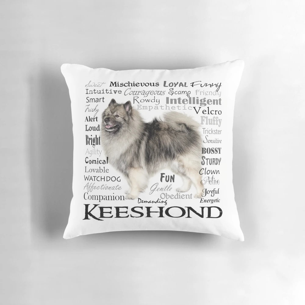 Keeshond breed traits pillow featuring the friendly and intelligent characteristics of the keeshond dog.