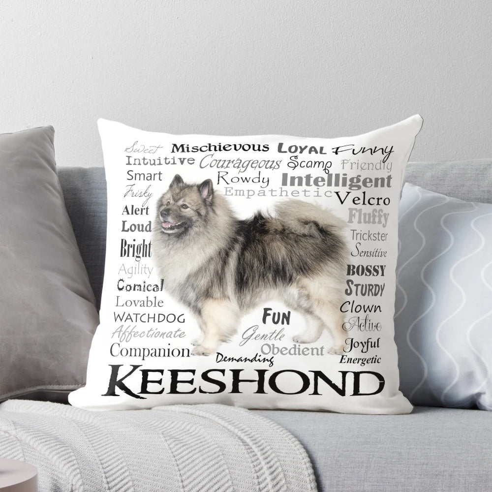 Keeshond breed traits pillow featuring the friendly and intelligent characteristics of the keeshond dog.