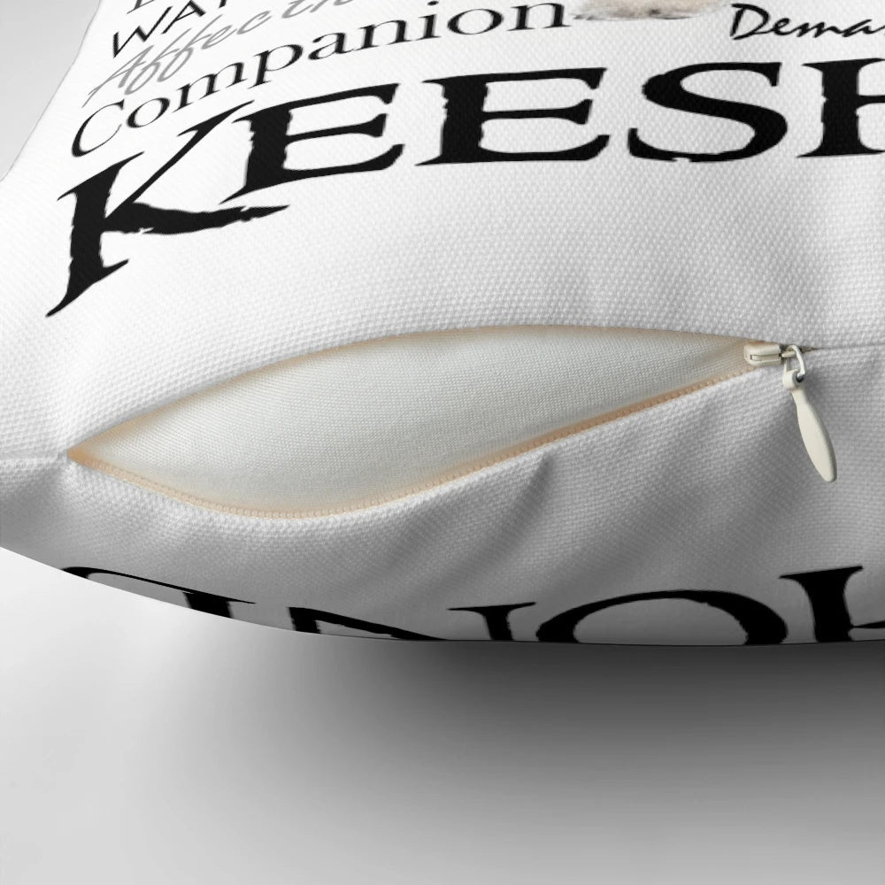 Keeshond breed traits pillow featuring the friendly and intelligent characteristics of the keeshond dog.