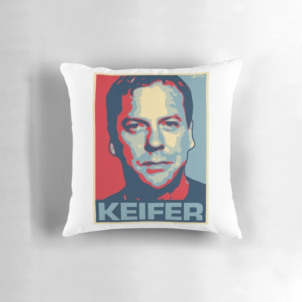 Keifer Sutherland, the iconic actor known for his roles in The Lost Boys and 24, featured on the Pillow POD product image.