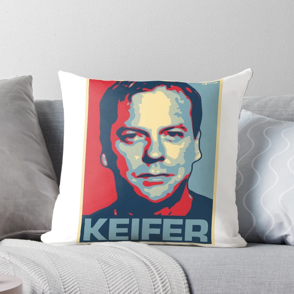 Keifer Sutherland, the iconic actor known for his roles in The Lost Boys and 24, featured on the Pillow POD product image.
