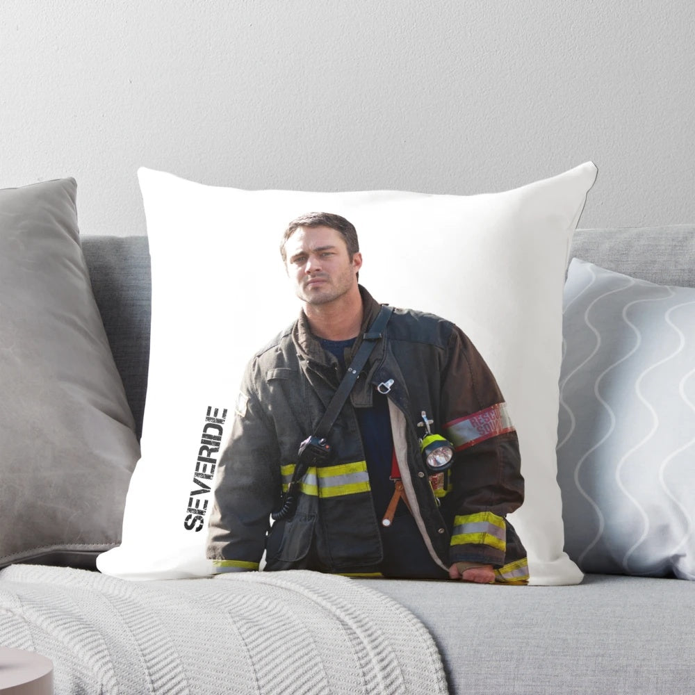 Chicago Fire Kelly Severide Pillow featuring Taylor Kinney as the firefighter character