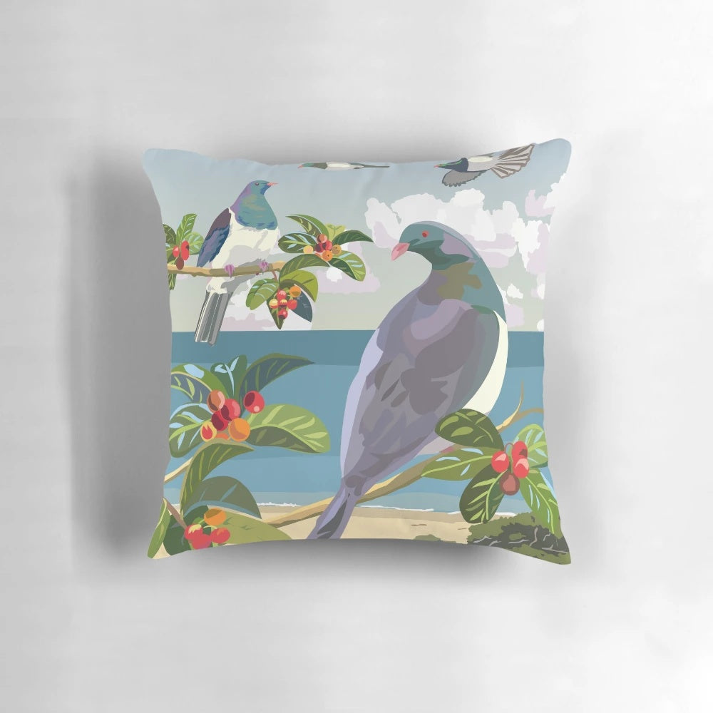 Closeup of a Kereru, the iconic New Zealand native wood pigeon, printed on a decorative throw pillow.