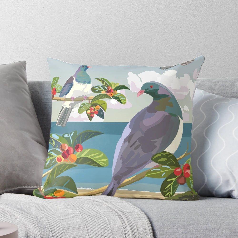 Closeup of a Kereru, the iconic New Zealand native wood pigeon, printed on a decorative throw pillow.