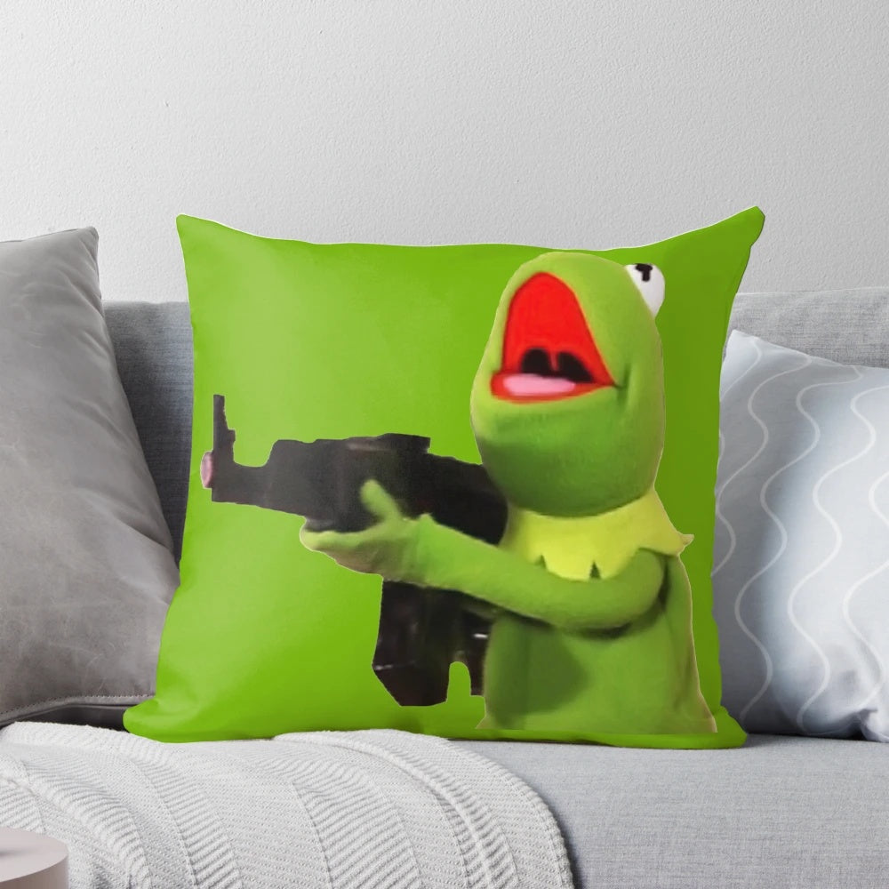 Pillow featuring the iconic Kermit the Frog meme holding a gun