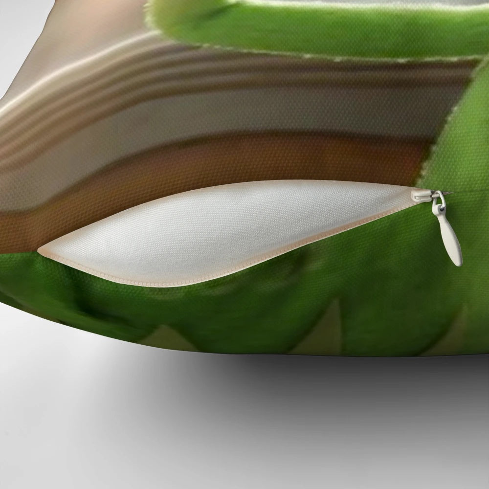 Cozy pillow with a humorous image of Kermit the Frog sipping a refreshing cup of tea.