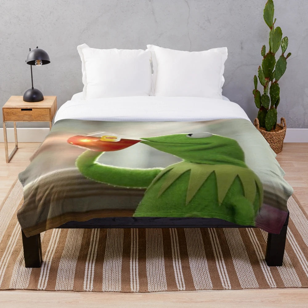 Kermit the Frog themed plush blanket featuring the popular 'sipping tea' meme