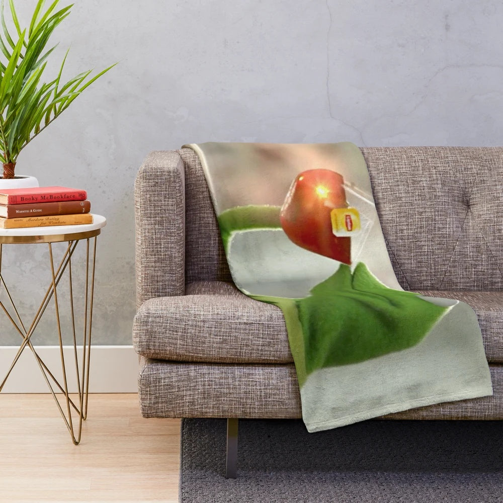 Kermit the Frog themed plush blanket featuring the popular 'sipping tea' meme