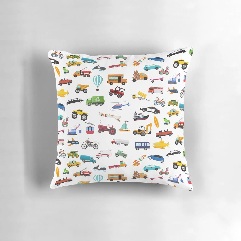 A colorful pillow featuring a variety of vehicles and transportation patterns, perfect for kids.