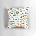 A colorful pillow featuring a variety of vehicles and transportation patterns, perfect for kids.