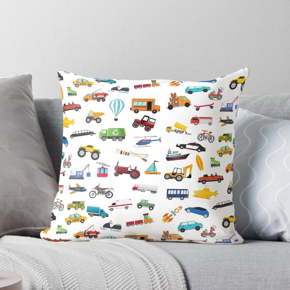 A colorful pillow featuring a variety of vehicles and transportation patterns, perfect for kids.