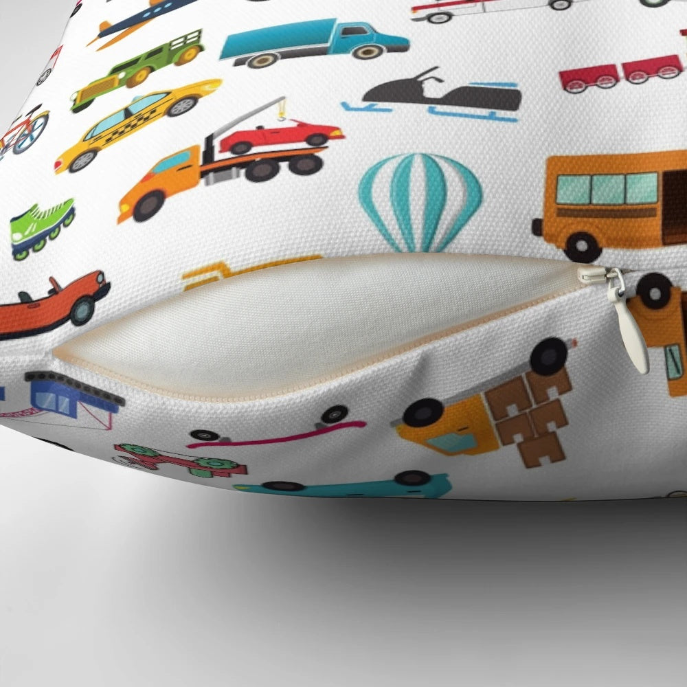 A colorful pillow featuring a variety of vehicles and transportation patterns, perfect for kids.