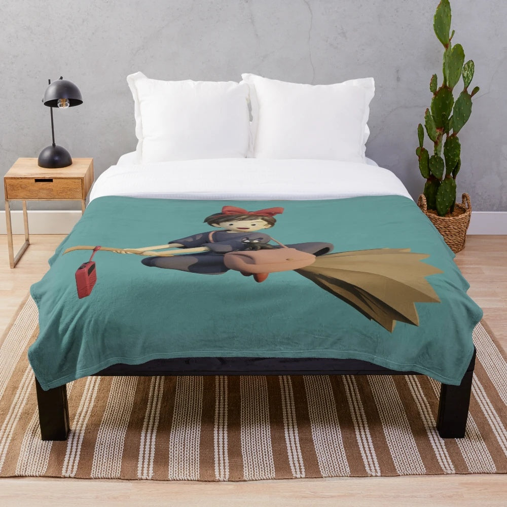 Kiki's Delivery Service inspired plush blanket featuring a cute black cat design