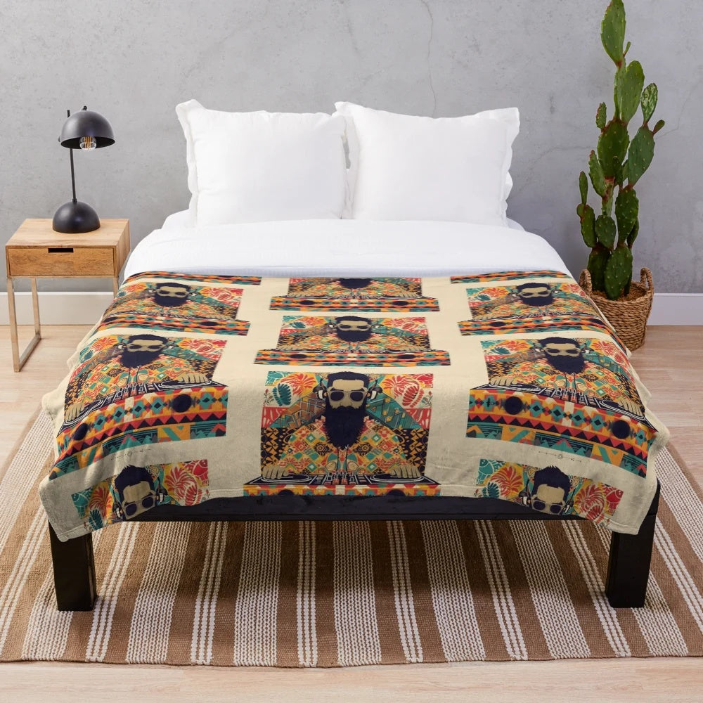 Kilim-patterned plush blanket for cozy farmhouse decor with modern DJ influences