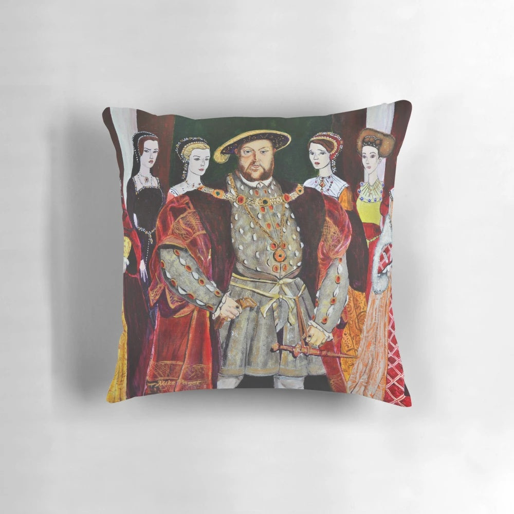 Colorful portrait pillow depicting King Henry VIII of England and his six wives