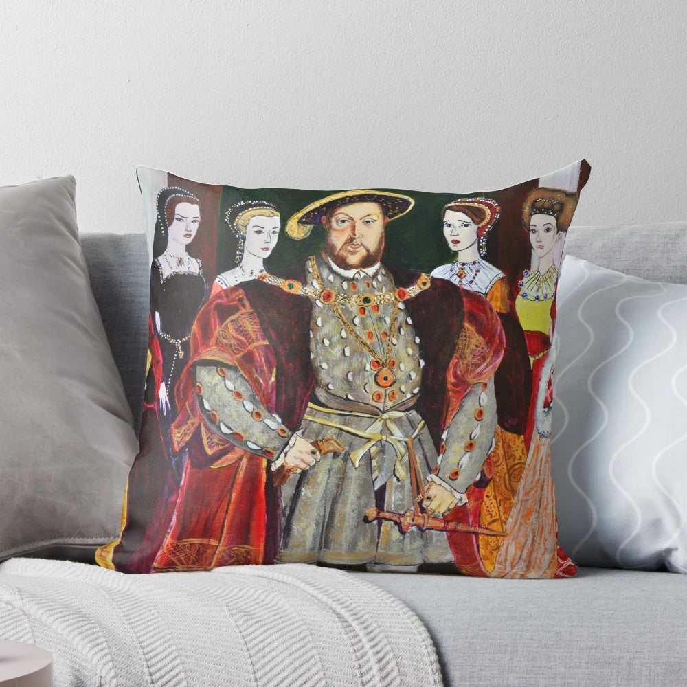 Colorful portrait pillow depicting King Henry VIII of England and his six wives