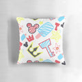 A cozy throw pillow featuring charming crayon-style drawings of the iconic Kingdom Hearts characters, including Sora, Kairi, and Riku.