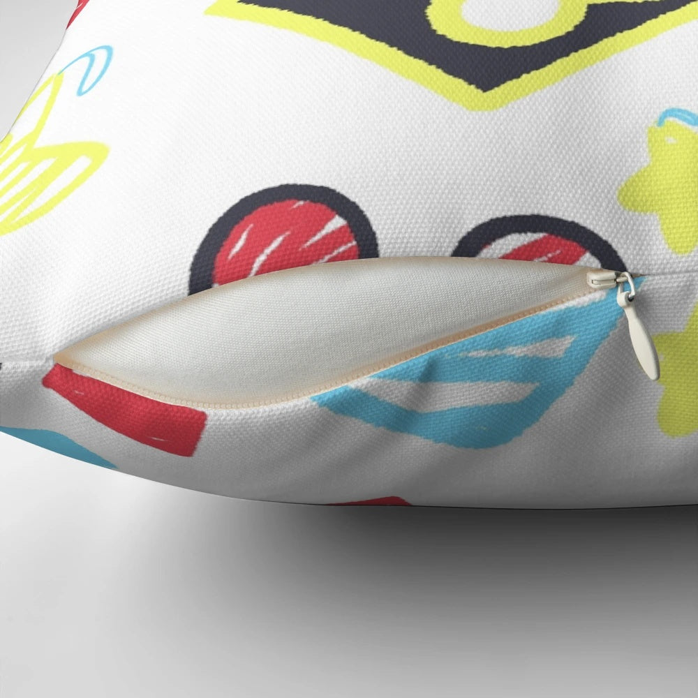 A cozy throw pillow featuring charming crayon-style drawings of the iconic Kingdom Hearts characters, including Sora, Kairi, and Riku.