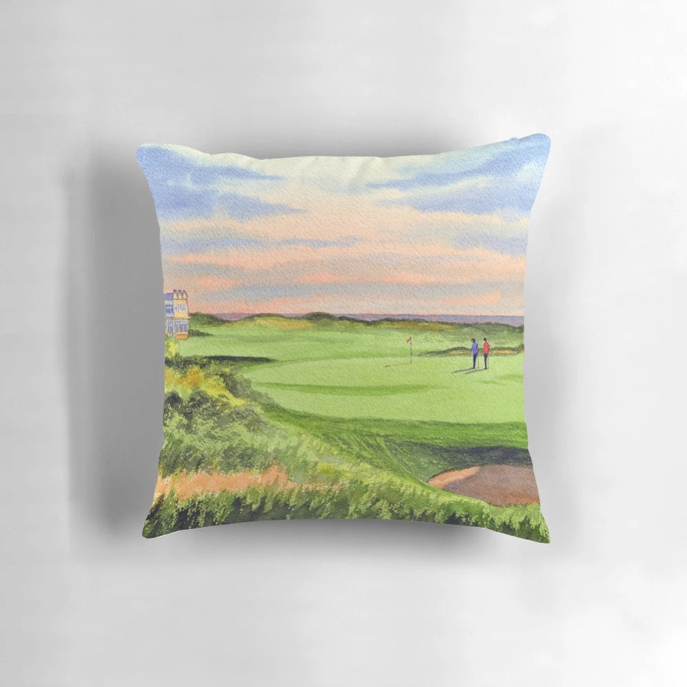 Kingsbarns Golf Course Scotland 9th Green Pillow featuring a scenic painting of the famous golf course