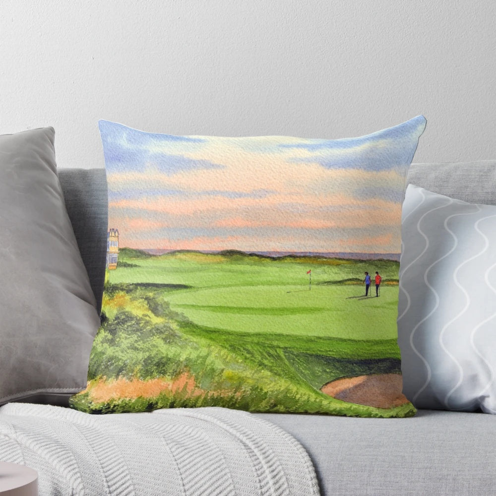 Kingsbarns Golf Course Scotland 9th Green Pillow featuring a scenic painting of the famous golf course
