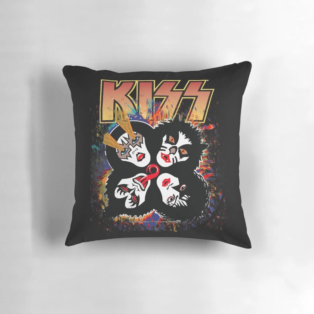 KISS band splash logo pillow, featuring the iconic KISS band logo on a colorful, rock and roll-inspired design.