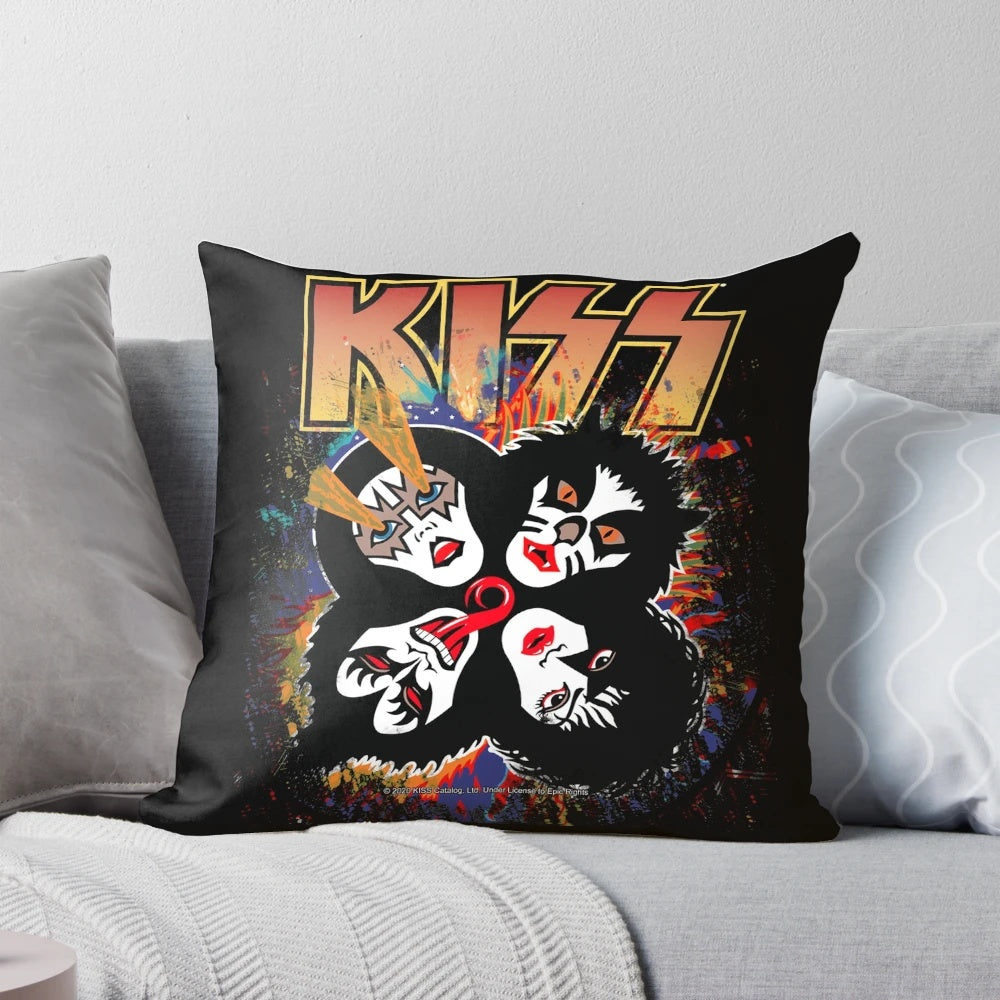 KISS band splash logo pillow, featuring the iconic KISS band logo on a colorful, rock and roll-inspired design.