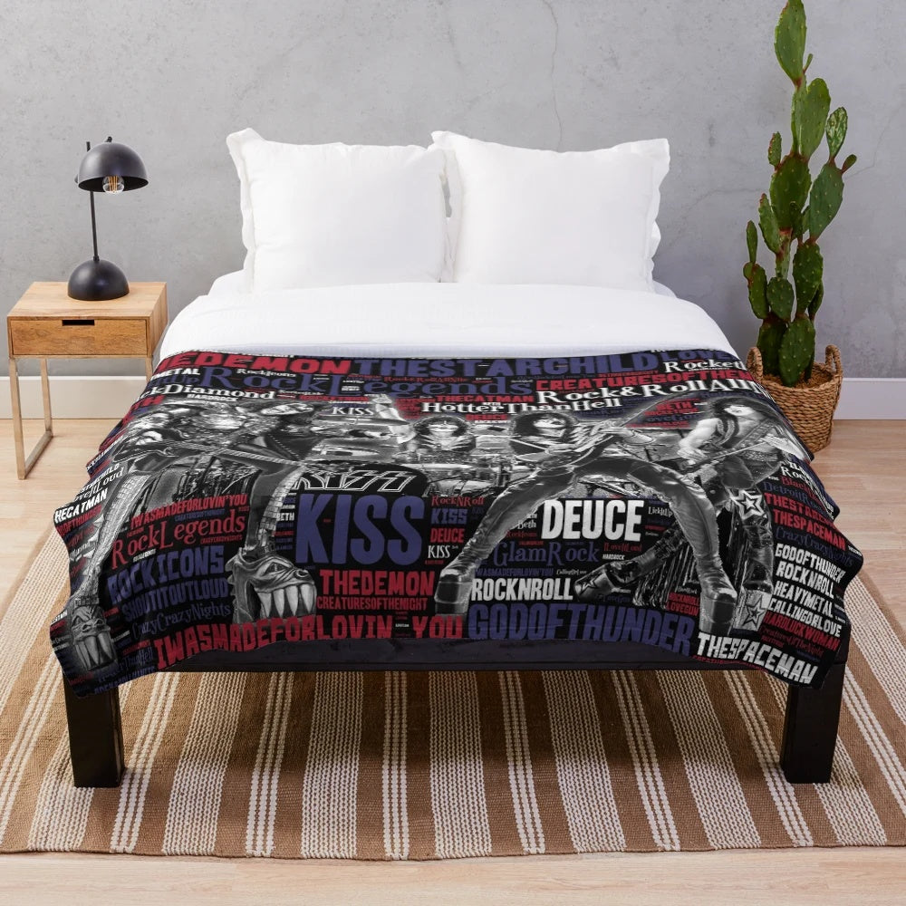 KISS Inspired Plush Blanket with the band's iconic imagery and logos