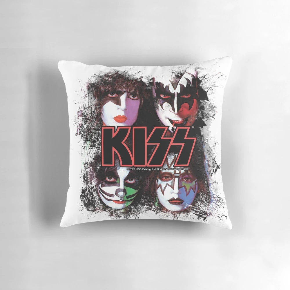 KISS band members faces brush effect printed on a decorative pillow