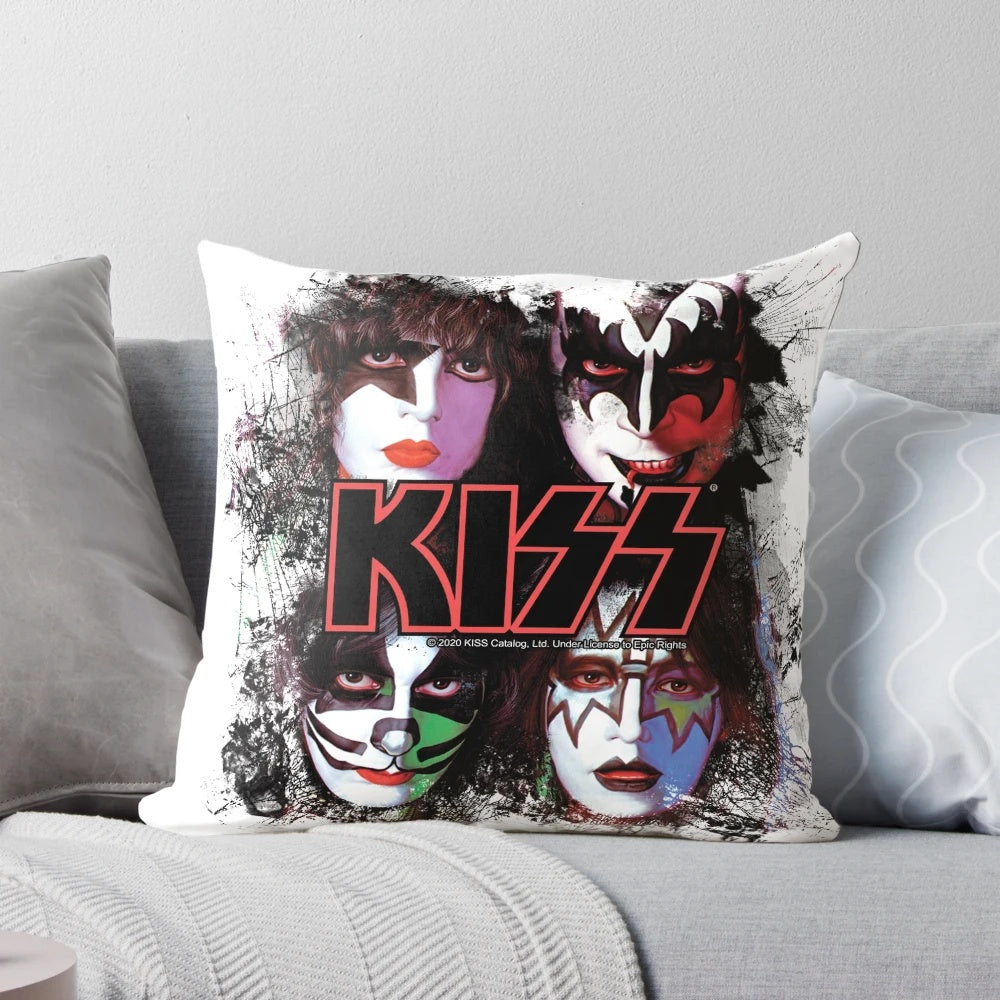KISS band members faces brush effect printed on a decorative pillow