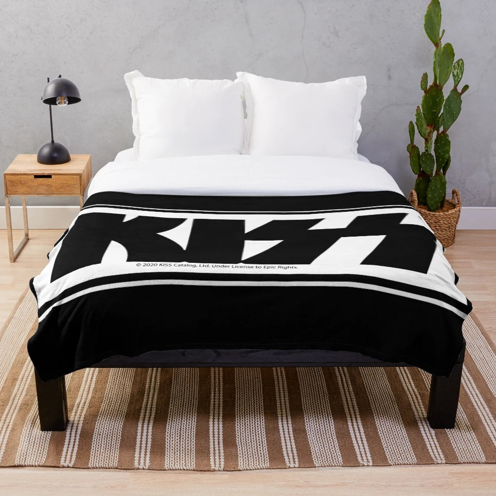 Monochrome plush blanket with a minimalist Kiss band-inspired design