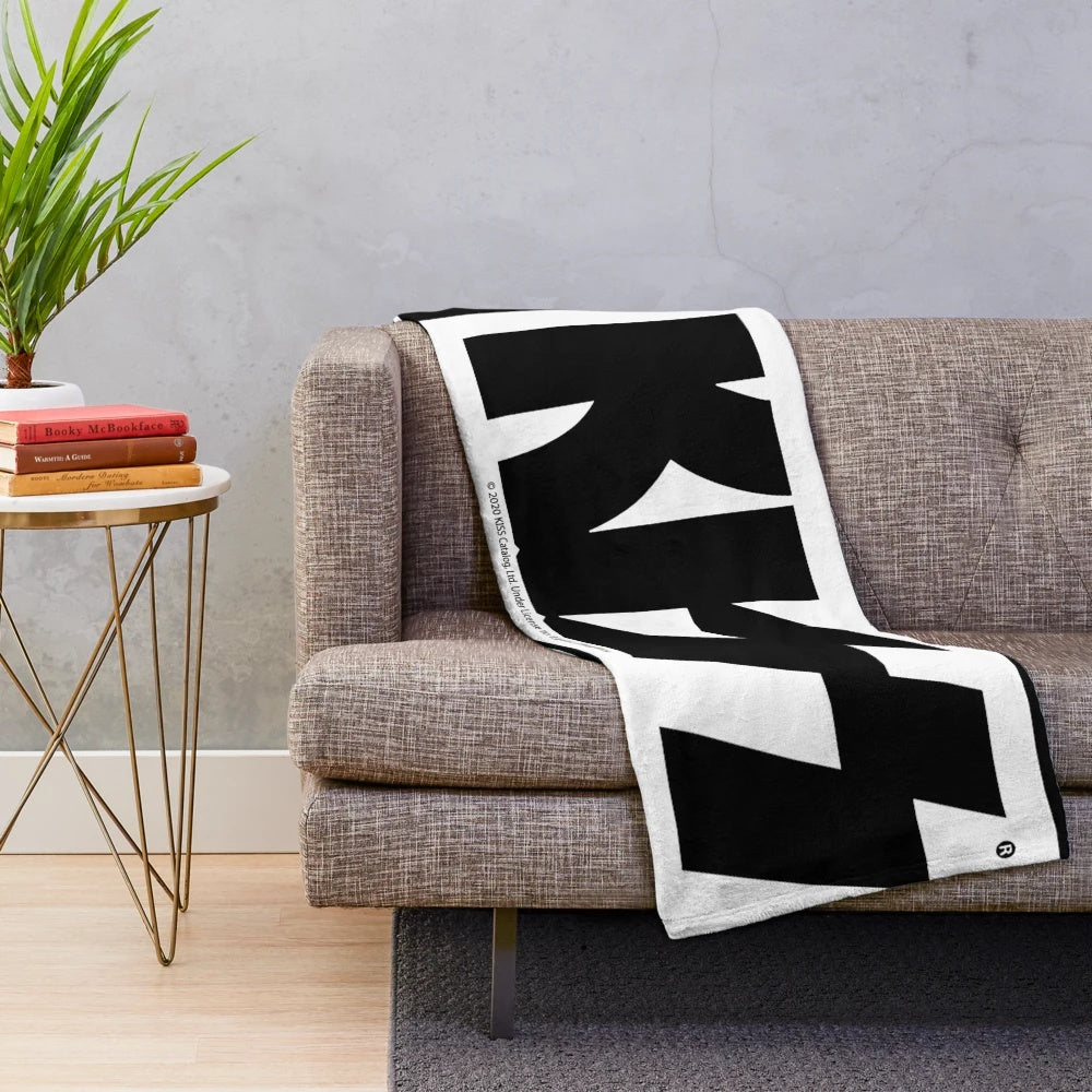 Monochrome plush blanket with a minimalist Kiss band-inspired design