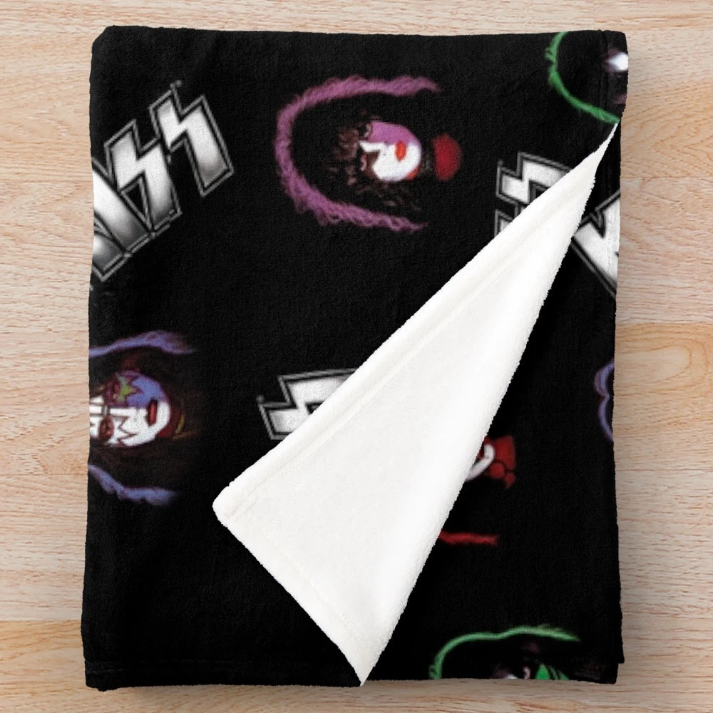 Kiss inspired plush blanket with band faces and logo pattern