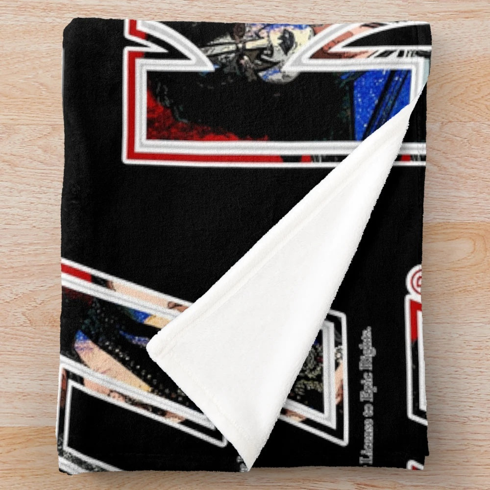A plush blanket featuring a unique paint-style design of the iconic Kiss band logo