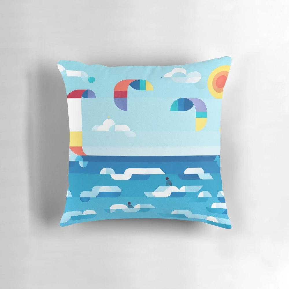 Kites Dancing Coastal Pillow, featuring a vibrant design of kites soaring against a seaside backdrop.