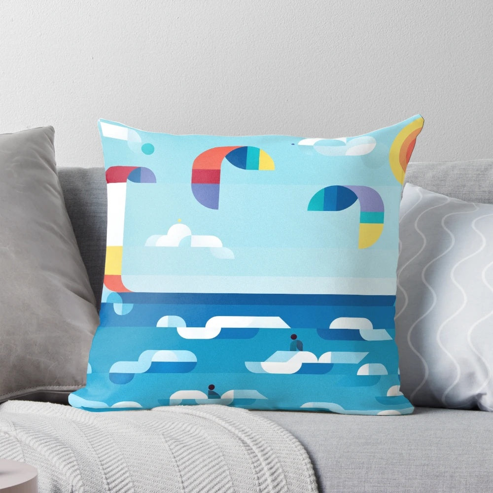 Kites Dancing Coastal Pillow, featuring a vibrant design of kites soaring against a seaside backdrop.