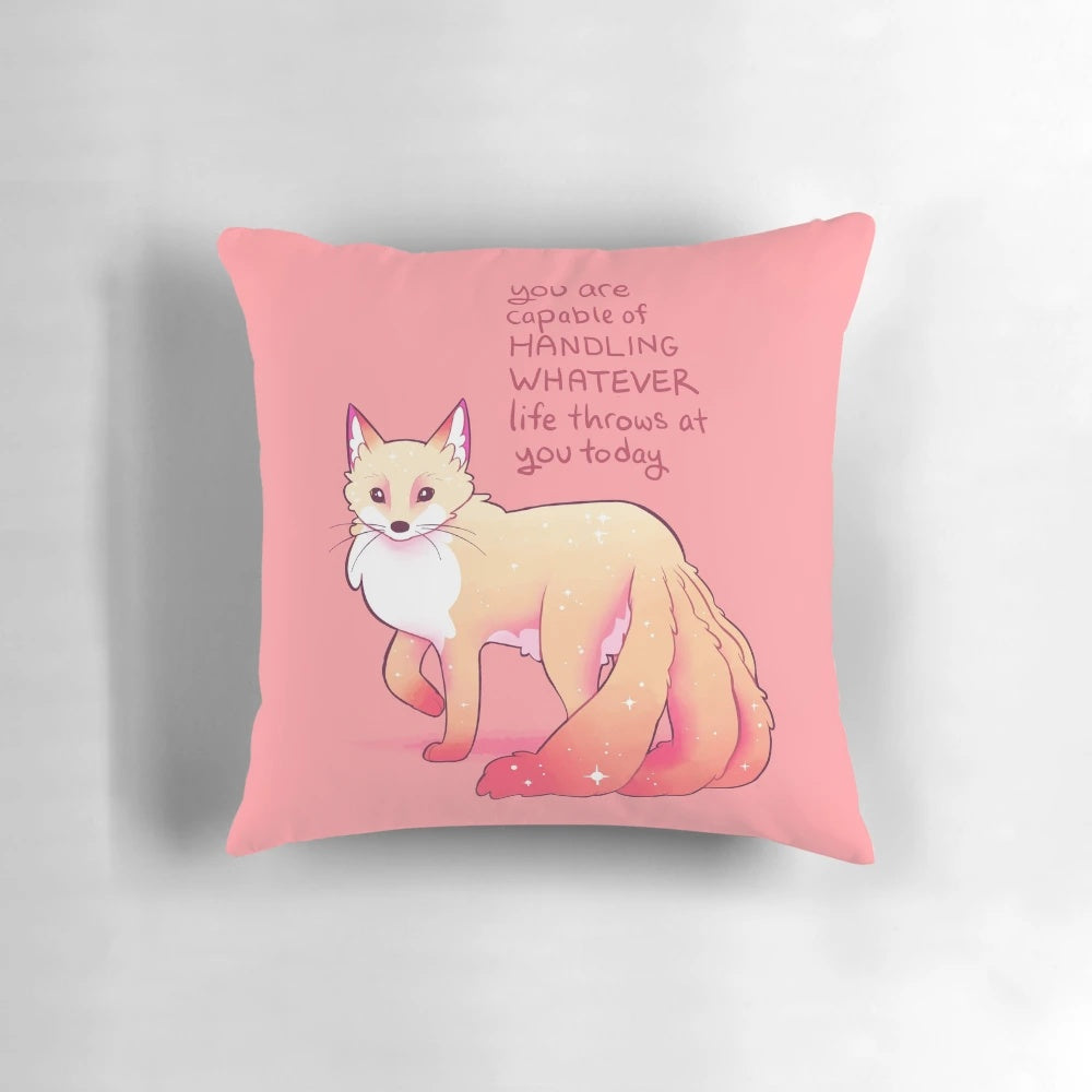 Soft and plush kitsune fox pillow in pink and white colors, with a "You are capable of handling whatever" message for mental health and self-care.