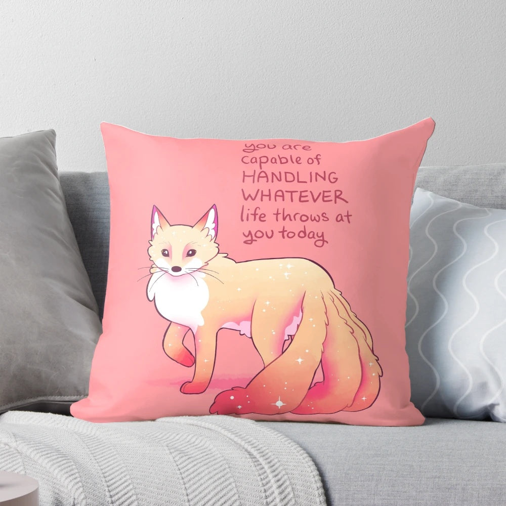 Soft and plush kitsune fox pillow in pink and white colors, with a "You are capable of handling whatever" message for mental health and self-care.