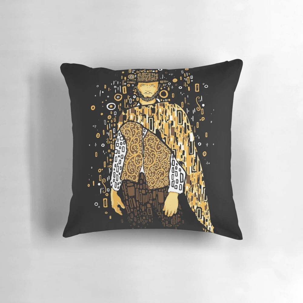 Klimt Eastwood Art Nouveau Pillow featuring a yellow and gold design inspired by the iconic film The Good, The Bad, and The Ugly