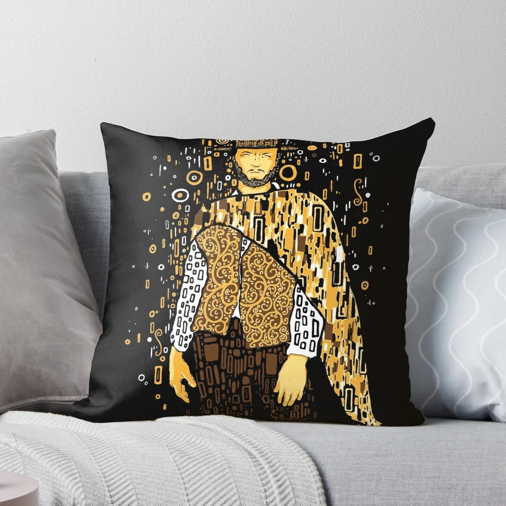 Klimt Eastwood Art Nouveau Pillow featuring a yellow and gold design inspired by the iconic film The Good, The Bad, and The Ugly
