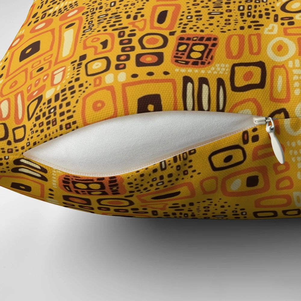 Klimt-inspired decorative pillow with an intricately patterned design in rich amber, gold, and yellow tones.