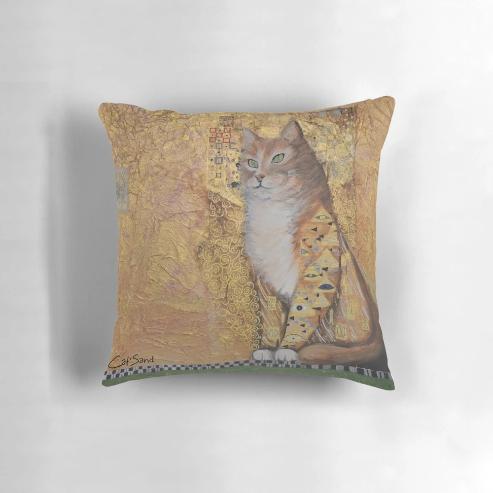 Decorative Klimt-inspired throw pillow featuring a golden cat portrait.