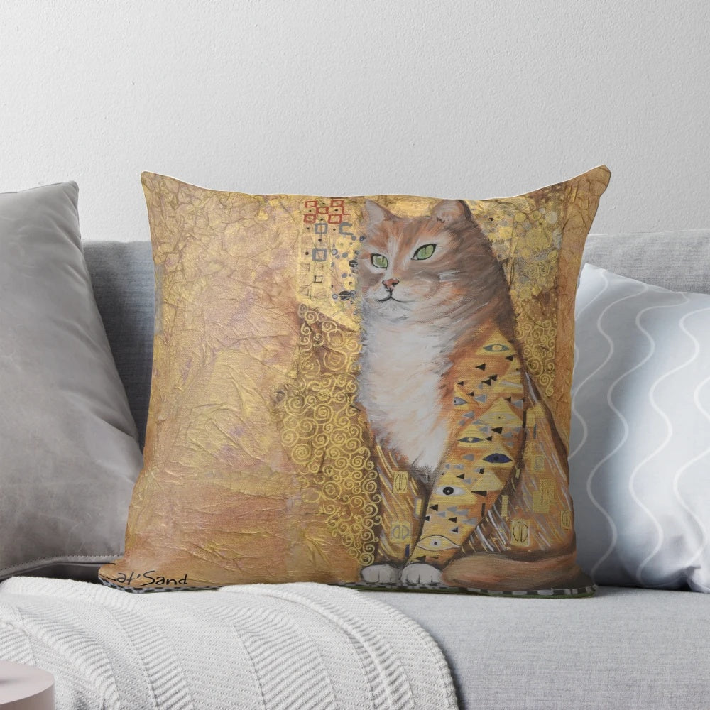 Decorative Klimt-inspired throw pillow featuring a golden cat portrait.