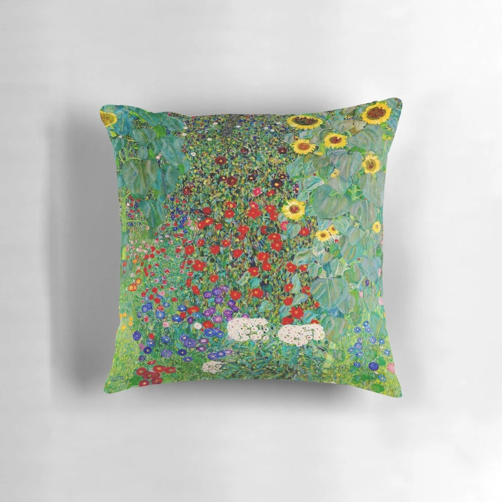 Decorative throw pillow featuring Gustav Klimt's iconic "Farm Garden with Sunflowers" art nouveau floral painting.
