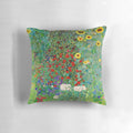 Decorative throw pillow featuring Gustav Klimt's iconic "Farm Garden with Sunflowers" art nouveau floral painting.