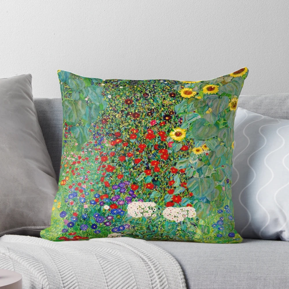 Decorative throw pillow featuring Gustav Klimt's iconic "Farm Garden with Sunflowers" art nouveau floral painting.