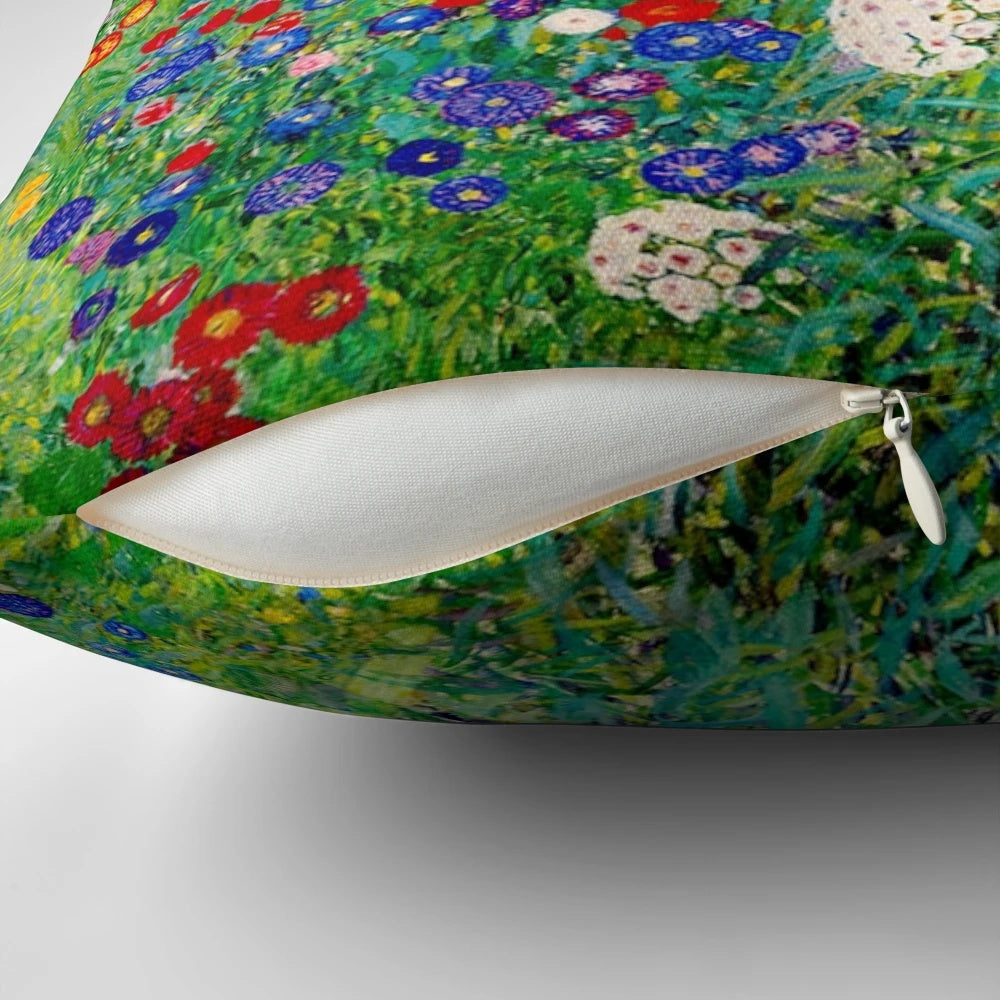 Decorative throw pillow featuring Gustav Klimt's iconic "Farm Garden with Sunflowers" art nouveau floral painting.